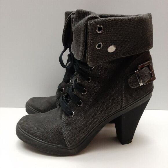 ALDO Canvas Lace-Up High Heel Fold-Over Ankle Boots Sz 8 - 8.5 - Picture 8 of 15